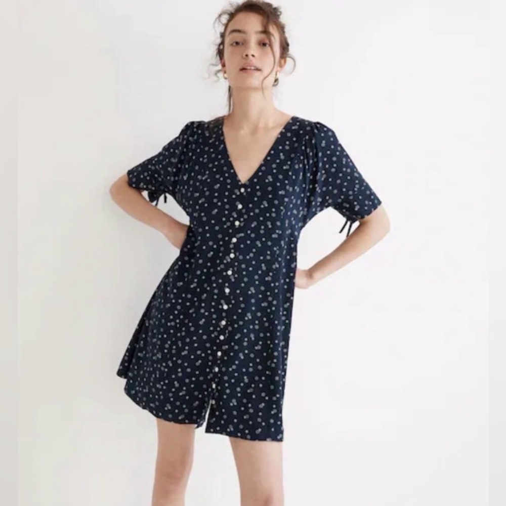 Madewell Navy Mini Dress with White Floral Print Button Up Flutter Sleeve Tie
